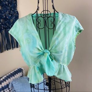 Vintage Mint Green Tie Front Ruffle Cropped Top Sz S/M